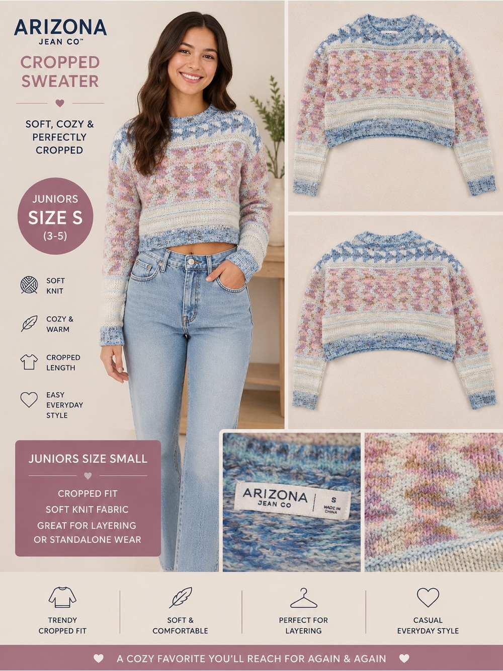 Arizona Jean Company Cropped Crewneck Sweater in Blue, Pink & Cream